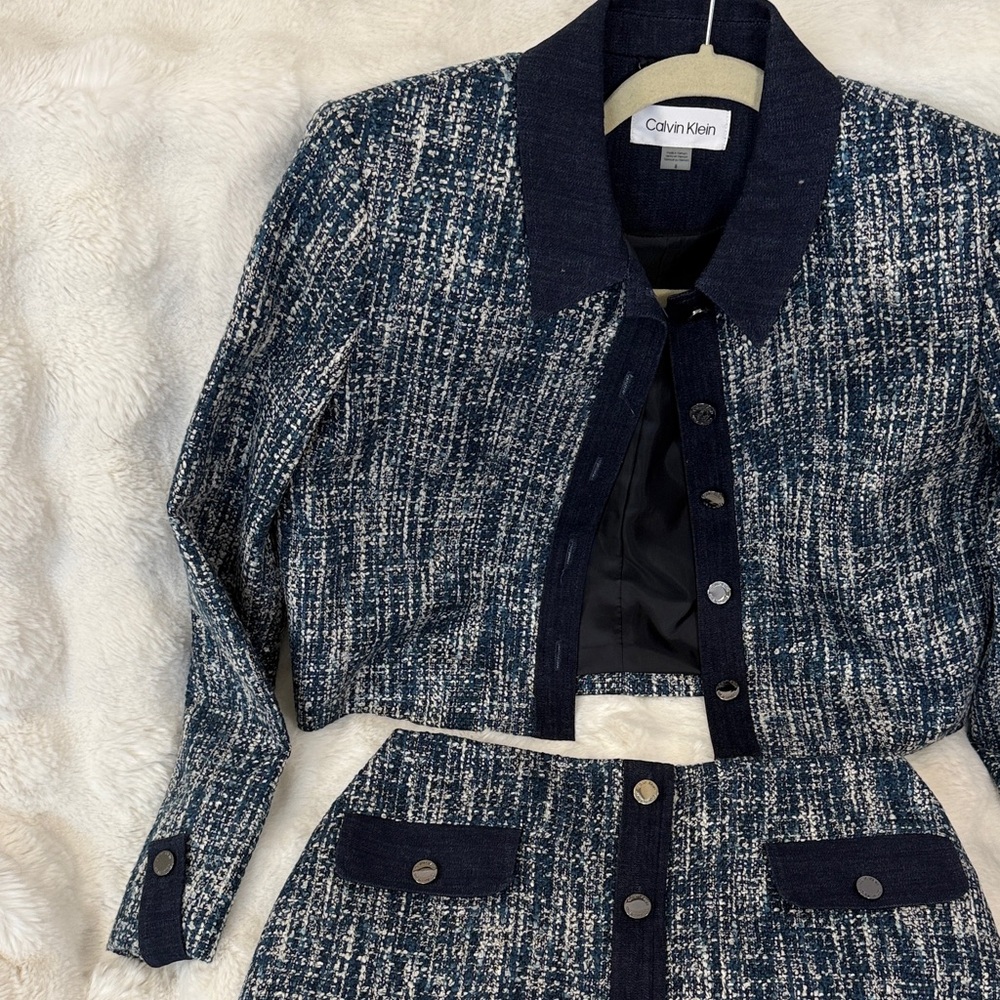 Calvin Klein Navy Tweed Jacket and Skirt Ensemble